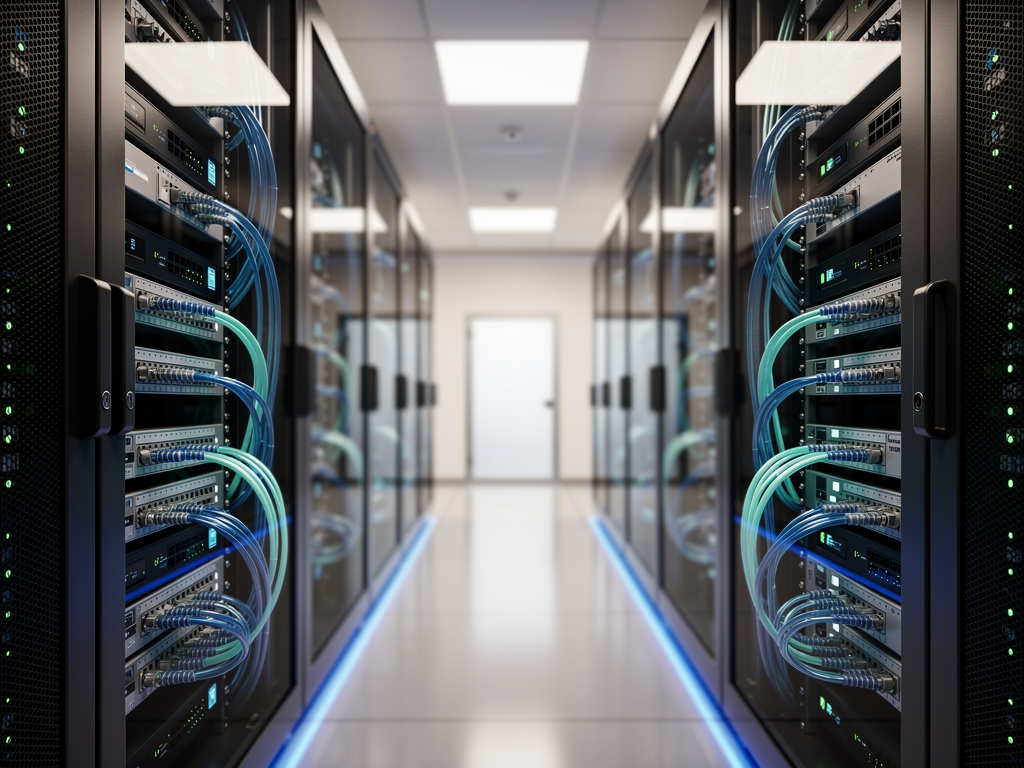 A modern data center with next-generation networking equipment, fiber optic cables with visible light transmission, clean and futuristic aesthetic with blue accent lighting, suggesting advanced technology infrastructure