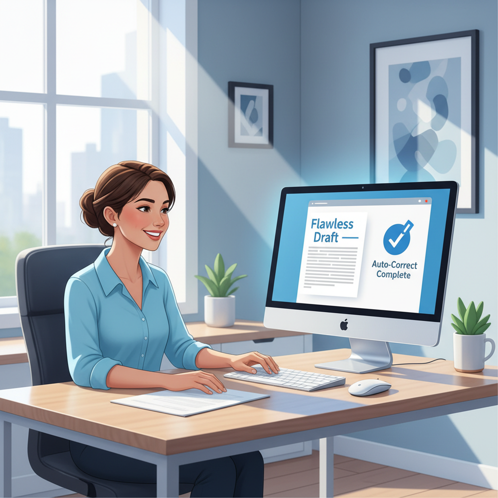 A person smiling confidently while looking at a perfectly written document on their computer, symbolizing success and satisfaction with AutoCorrect PC.