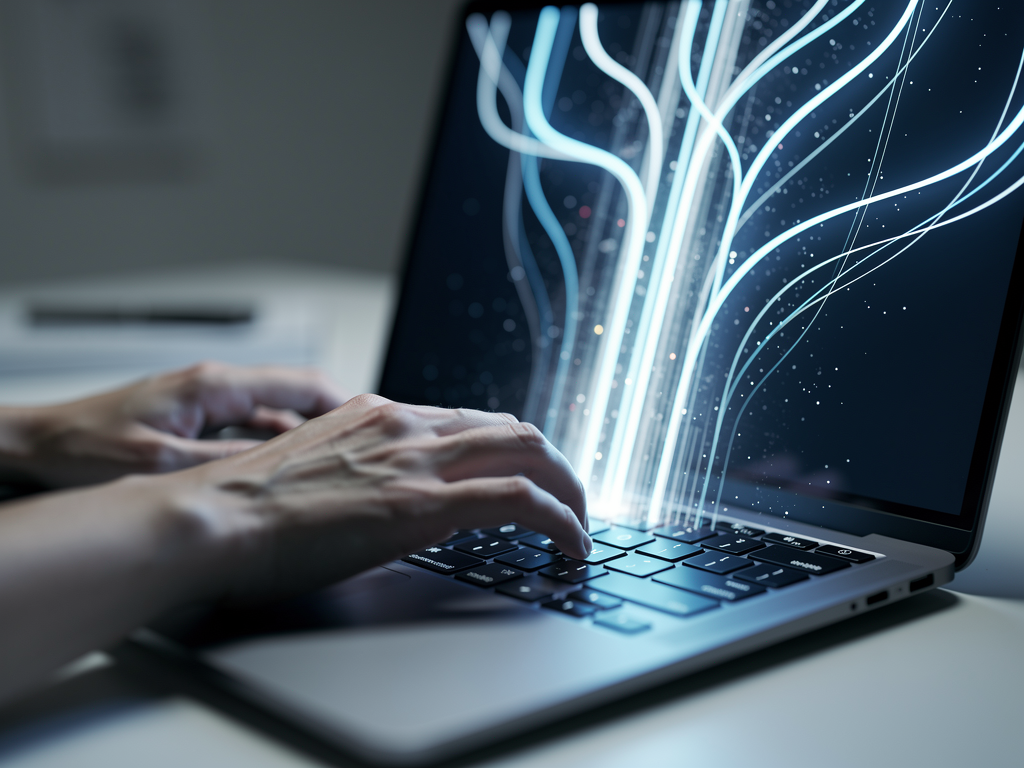 A person's hands typing rapidly on a modern laptop keyboard, with glowing blue lines illustrating the flow of text and ideas across the screen.