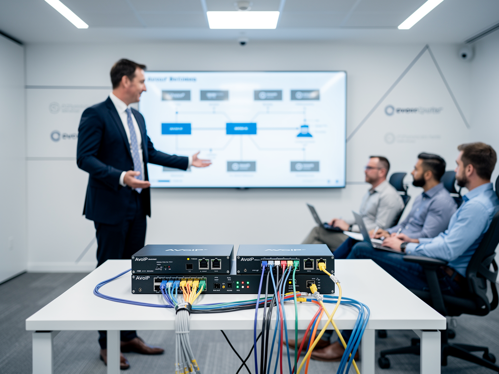 A professional AV integrator demonstrating AVoIP equipment to a group of IT professionals in a modern training facility, with various encoder and decoder units displayed on a demonstration table under bright even lighting