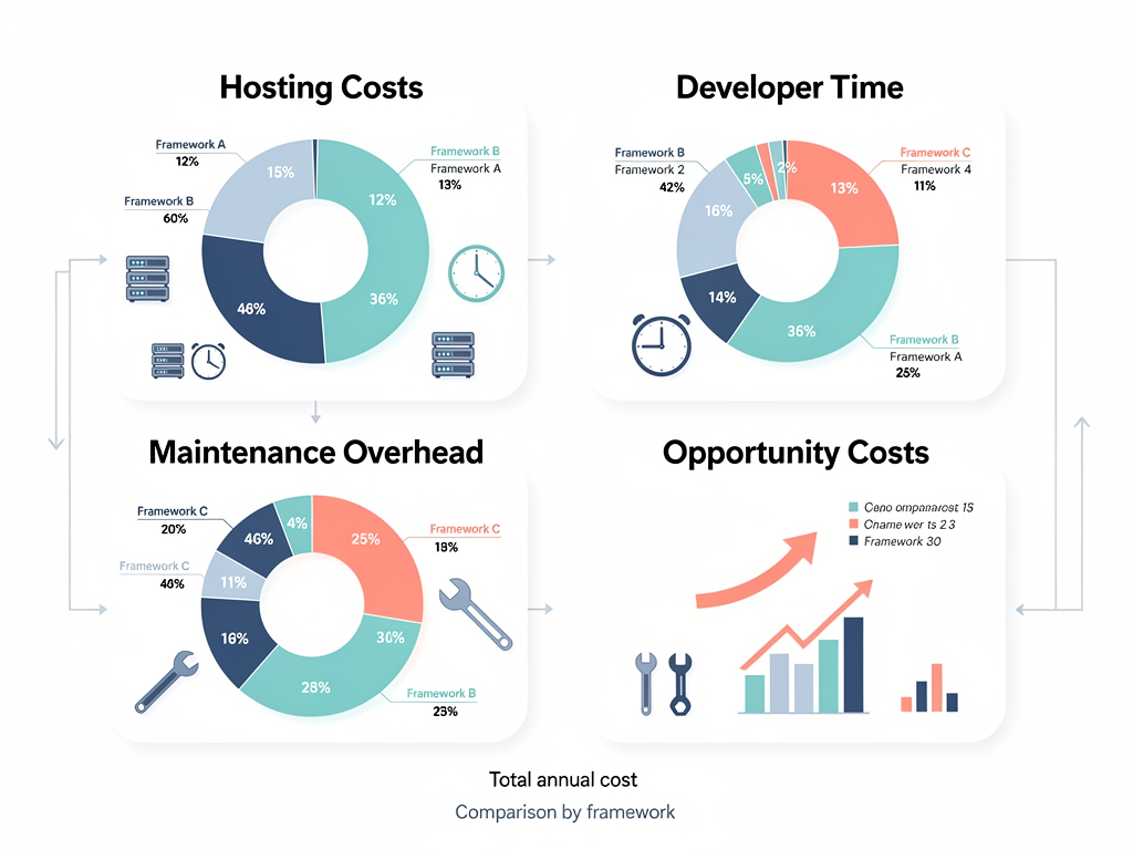 Infographic comparing total cost of ownership between different framework approaches, showing pie charts breaking down hosting costs, developer time, maintenance overhead, and opportunity costs, with clean icons and data visualization elements
