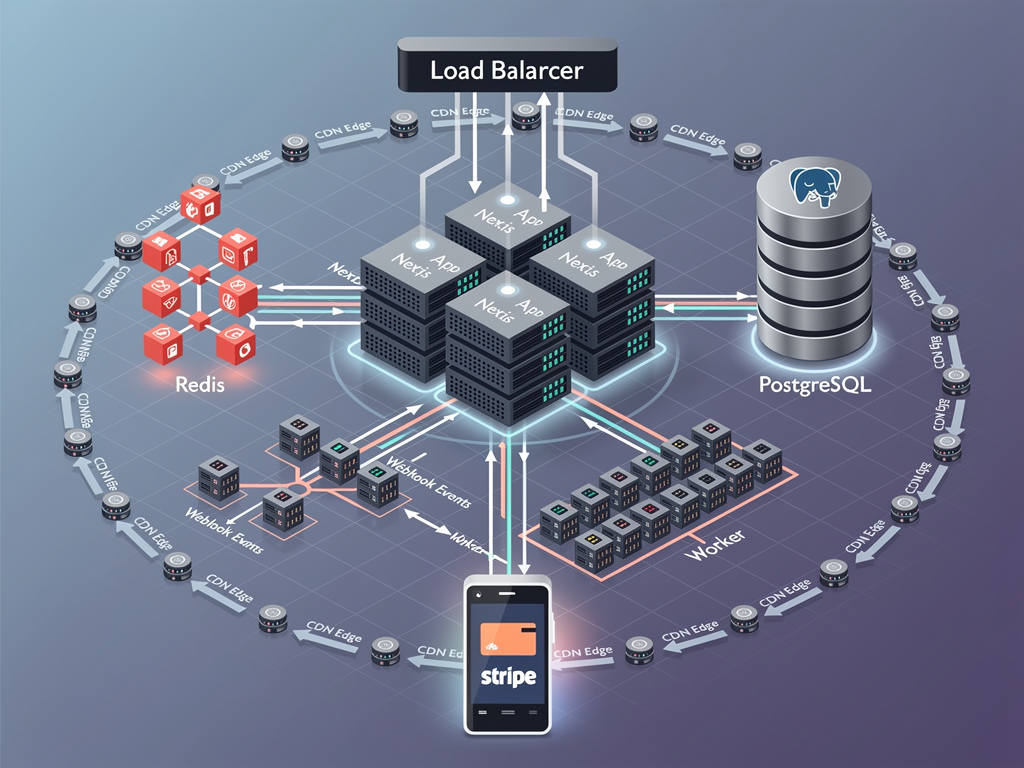 System architecture diagram showing a scaled Next.js SaaS platform with multiple application servers, Redis caching layer, PostgreSQL database, background job workers for webhook processing, and Stripe API integration, with load balancer and CDN components illustrated