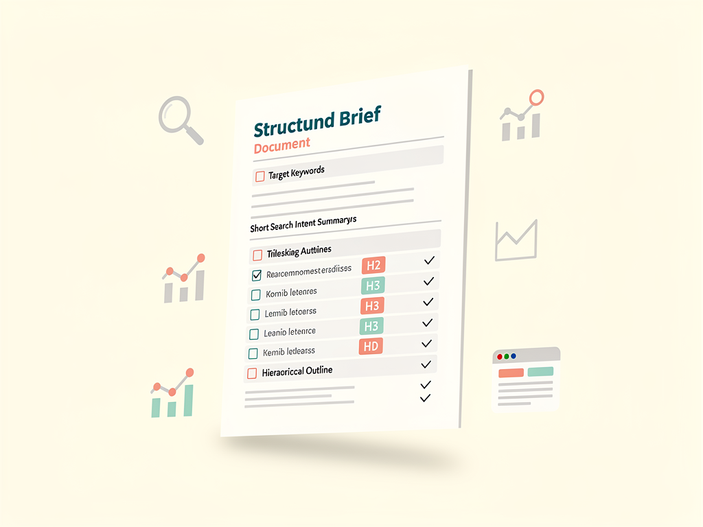 Content brief template showing organized sections for target keyword, search intent summary, recommended outline with H2 and H3 headings, questions to answer, competitor insights, and internal linking opportunities, clean document layout with checkboxes and expandable sections