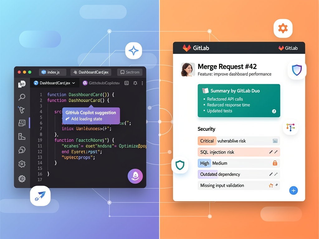Side-by-side visualization of AI coding assistants in action, showing GitHub Copilot generating React component code in VS Code on the left, and GitLab Duo providing merge request summary and security vulnerability explanation on the right, with clean UI elements and syntax highlighting