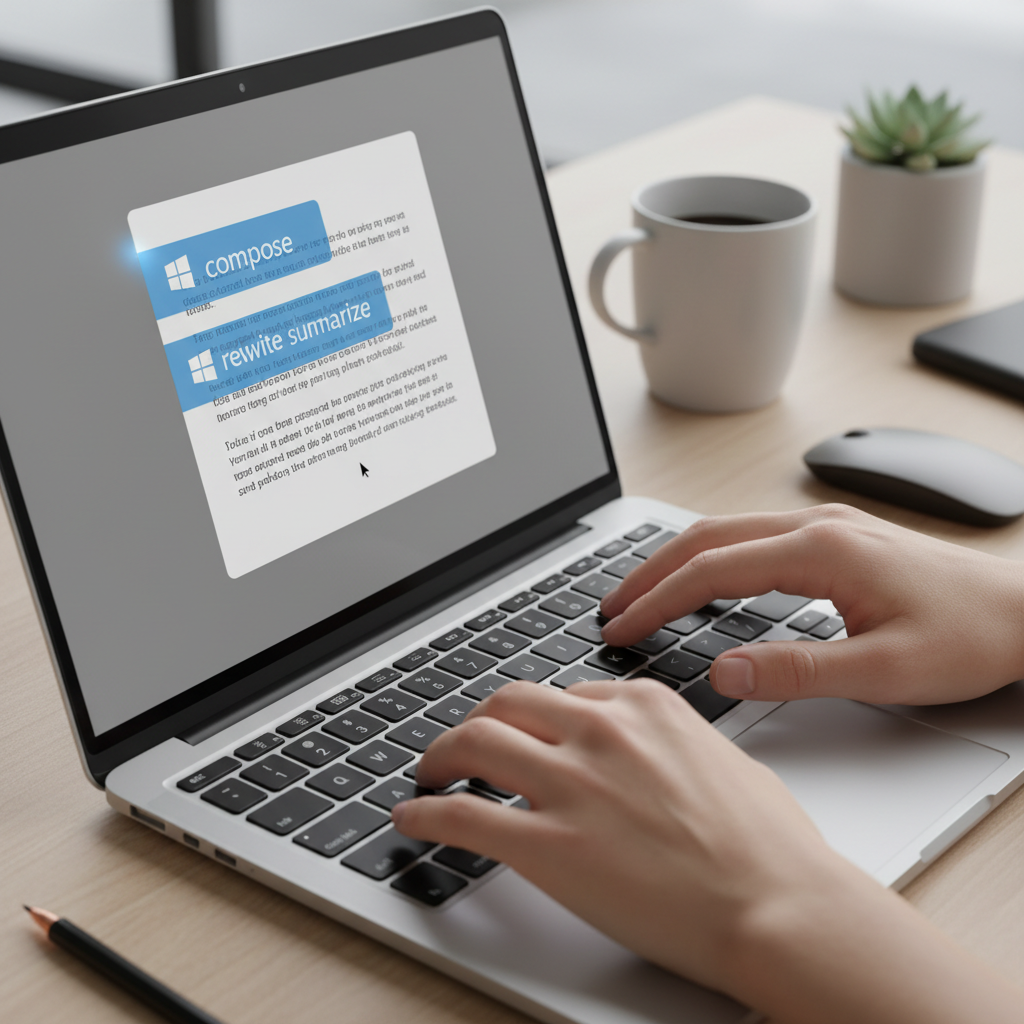 Close-up shot of a user's hands typing on a modern laptop keyboard, with predictive text suggestions appearing subtly above the cursor on the screen. The background is a blurred office desk, indicating a productive work environment.