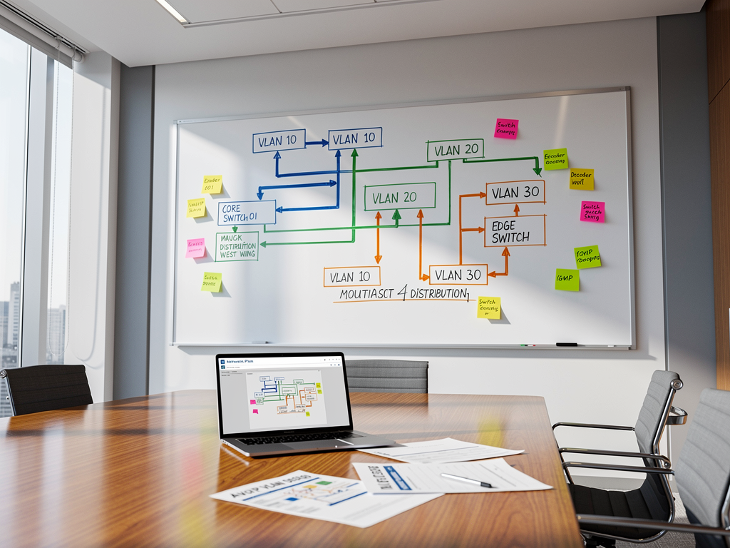 Whiteboard in a modern conference room showing hand-drawn VLAN topology diagram with color-coded network segments, sticky notes indicating device assignments, natural daylight from large windows illuminating the planning session