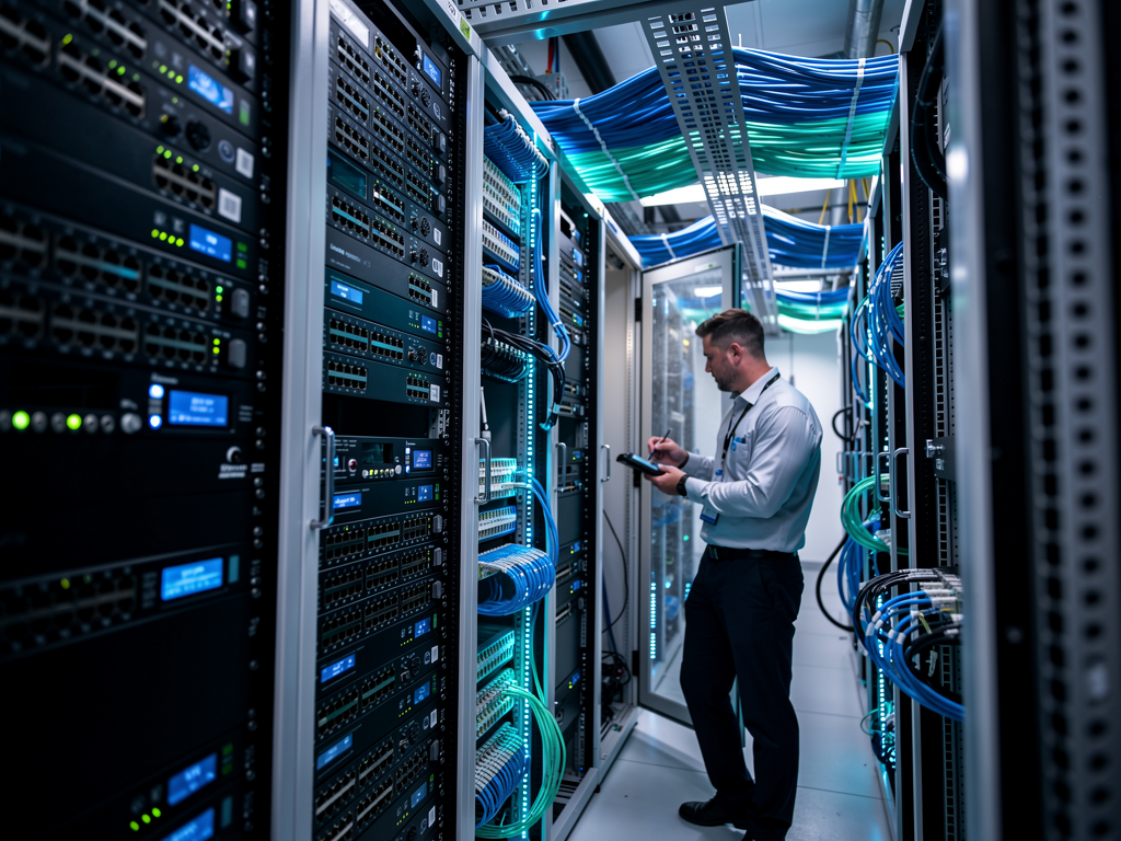 A modern data center with rows of network equipment, fiber optic cables glowing with transmitted light, technician performing maintenance in the background, cool blue lighting creating a high-tech atmosphere, clean organized cable management