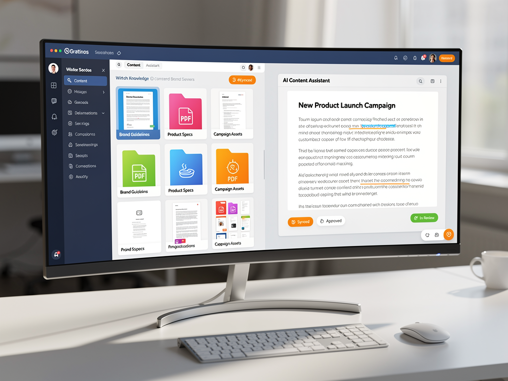 Knowledge base configuration interface showing uploaded brand guidelines, product information documents, competitor analysis, and tone of voice examples being used to train an AI content platform for consistent brand voice output