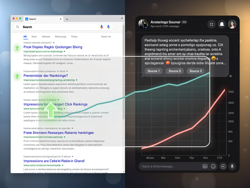 A split-screen visualization showing traditional search results on the left side with a website ranking in position three, and an AI Overview panel on the right side that cites different sources entirely, demonstrating how content can rank well but remain invisible to AI systems, with analytics graphs showing declining click-through rates despite stable impressions