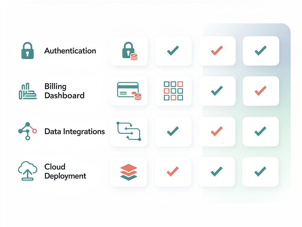 Feature comparison table visualization showing boilerplate capabilities including authentication, billing integration, admin dashboard, TanStack Query setup, multi-tenancy support, and deployment configuration, using clean checkmark icons and organized rows in an infographic style