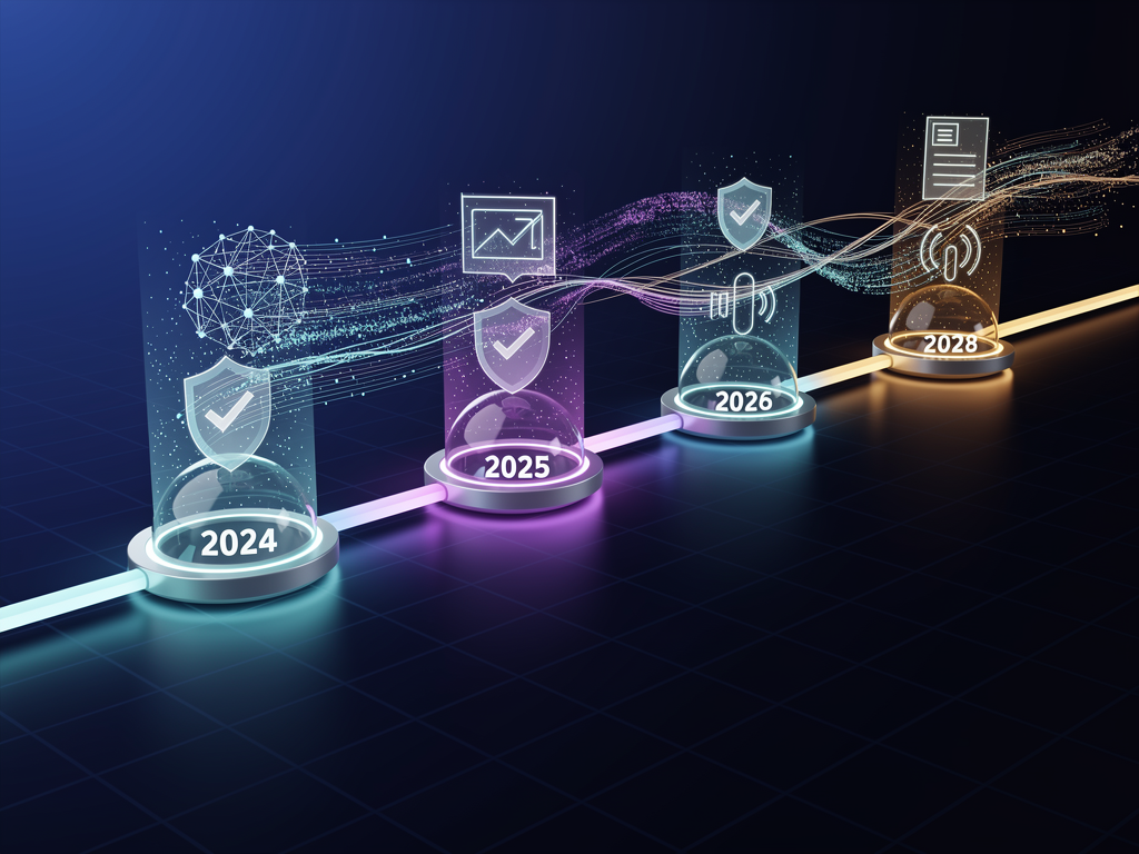 Futuristic timeline visualization showing the evolution of AI search from 2024 through 2028, with milestones including increased personalization, multimodal content processing, real-time information integration, enhanced verification systems, and direct AI platform integrations