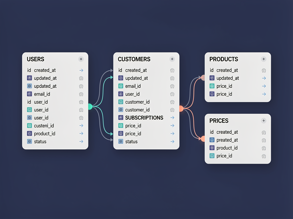 Entity relationship diagram showing database tables for users, customers, subscriptions, products, and prices with foreign key relationships indicated by connecting lines, displayed in a clean schema visualization format with table columns listed