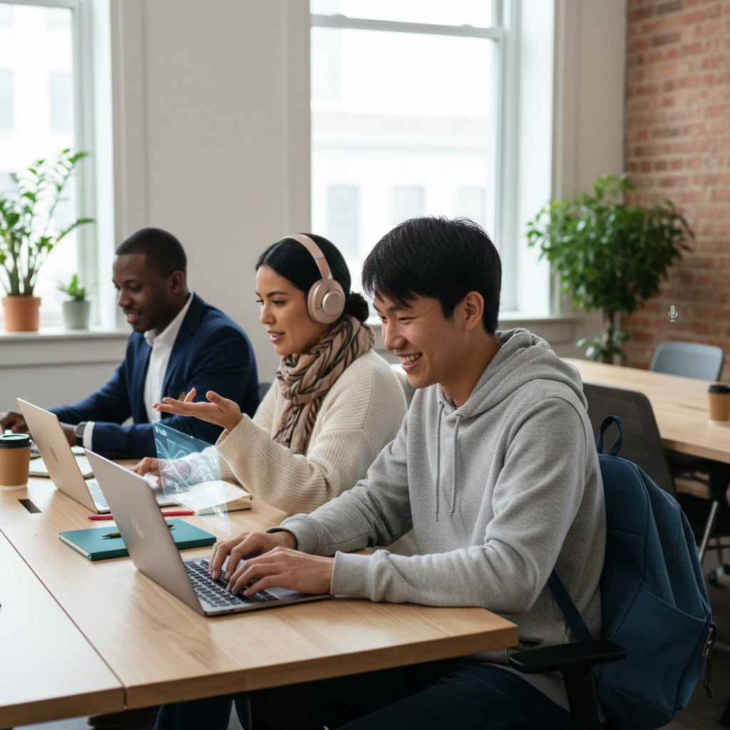 A diverse group of people, including a student, a business professional, and a content creator, all smiling and looking productive while using laptops, symbolizing the wide range of beneficiaries of advanced writing assistance.