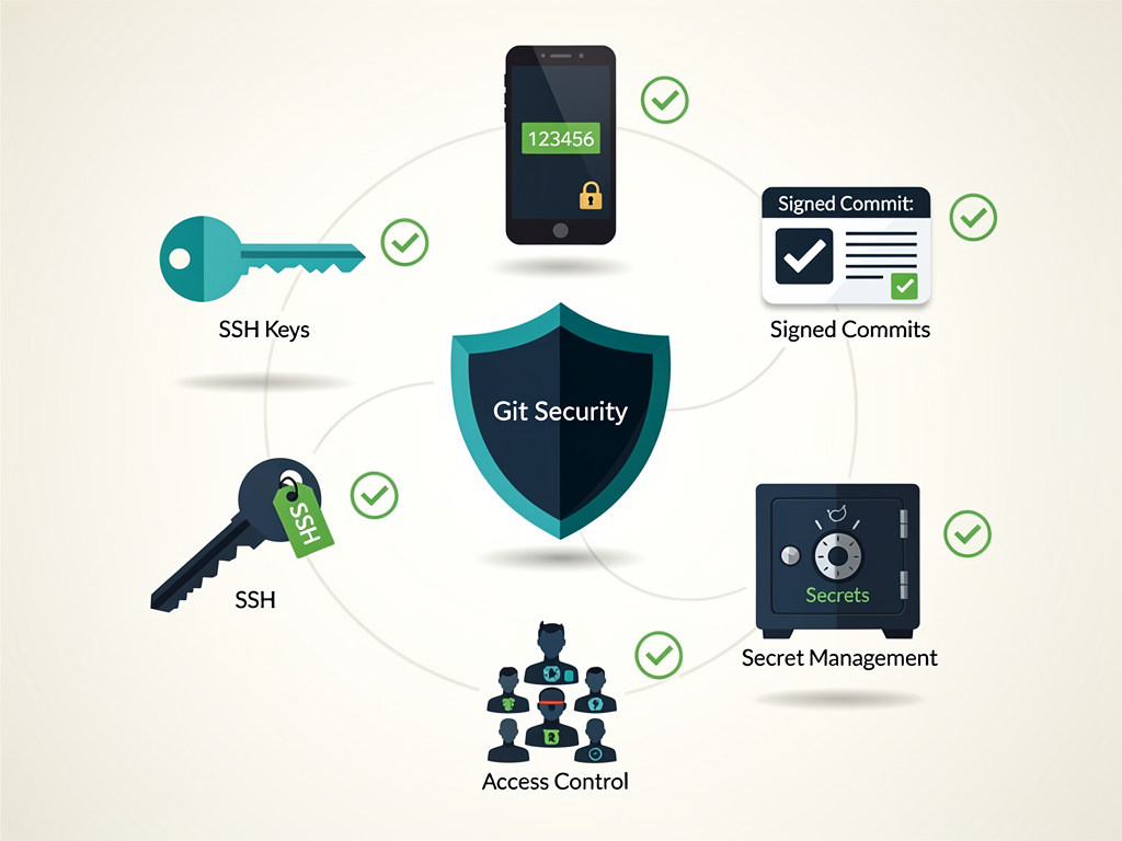 A security checklist infographic for Git and GitHub showing icons for SSH keys, two-factor authentication, signed commits, secret management, and access control, each with a brief description and checkmark indicators, using a shield motif and security-themed color palette of blues and greens