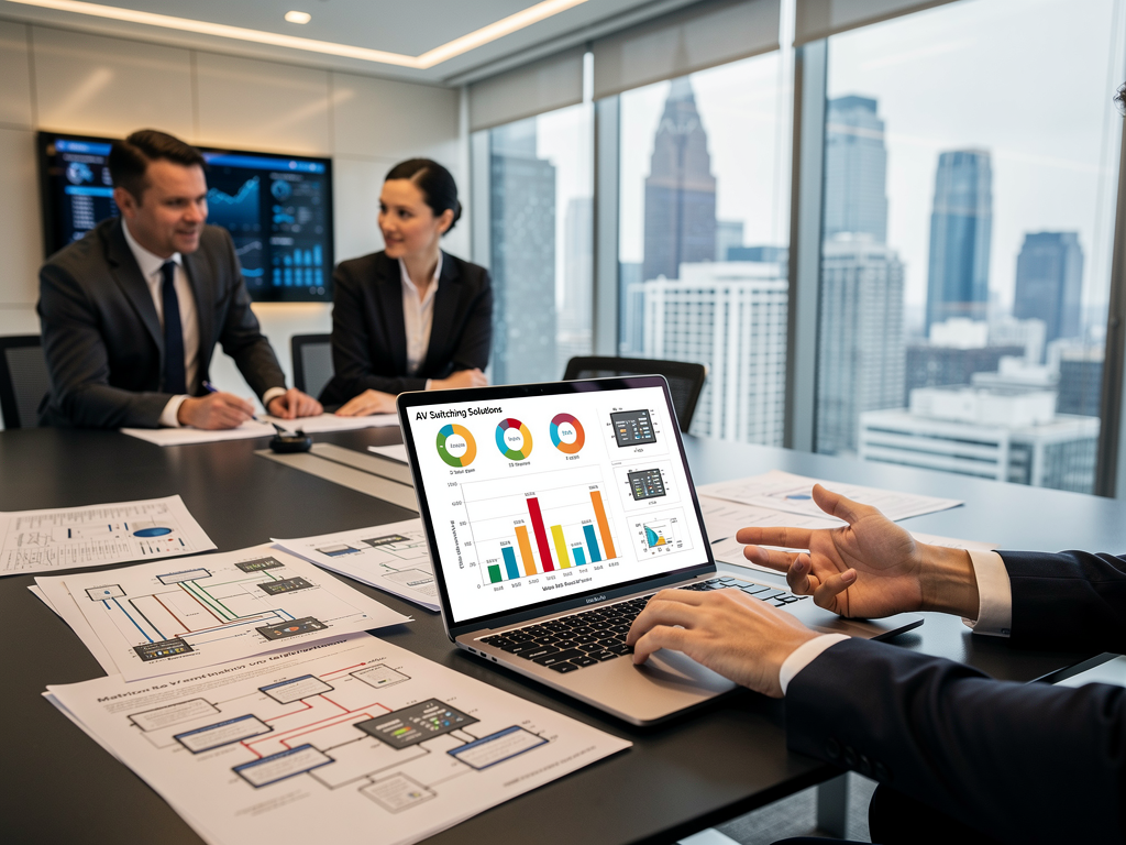 Financial planning meeting with spreadsheets displayed on laptop showing cost comparison between traditional and AV over IP switching solutions, professionals reviewing documentation around conference table, modern office with glass walls and city views