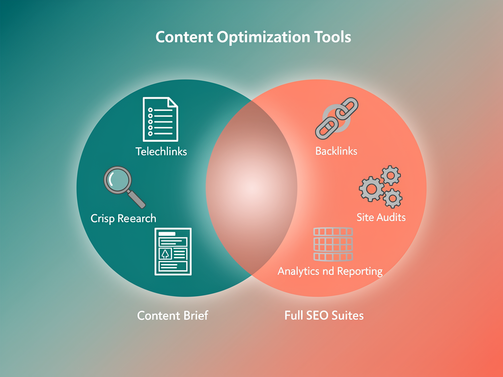 Venn diagram showing overlap between content optimization platforms and full SEO suites, with content research, briefs, and optimization in one circle, backlinks, technical SEO, and keyword databases in another, and shared capabilities in the overlapping region, clean infographic design with labeled sections