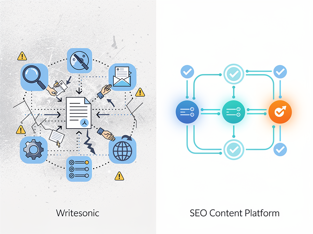 Workflow diagram comparing a fragmented process with multiple disconnected tools and manual handoffs on the left versus a streamlined integrated platform workflow on the right showing seamless progression from keyword research through content creation to automated publishing, illustrated with connected nodes and process arrows in a clean infographic style