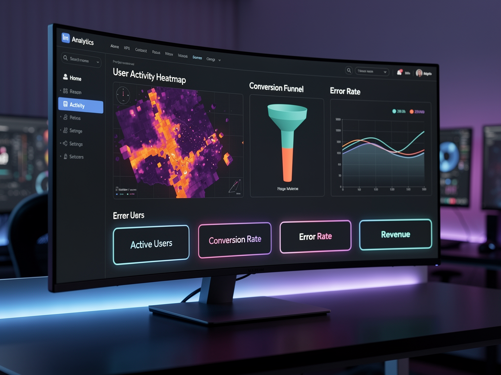 Real-time analytics dashboard displaying user activity heatmap, conversion funnel visualization, error rate timeline, and key performance indicators in card format, rendered with dark theme and colorful data visualizations