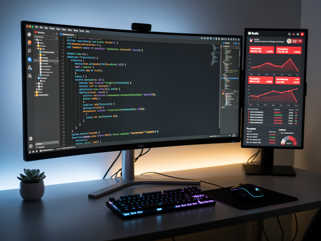 Code editor screenshot showing Next.js middleware implementation with rate limiting logic, including Redis connection setup, tenant identification, and request counting functions with syntax highlighting in a dark theme IDE
