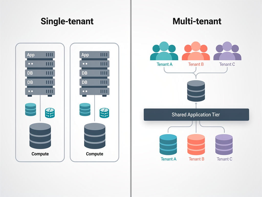 Split-screen comparison showing single-tenant architecture on the left with multiple separate server stacks for each customer, and multi-tenant architecture on the right with a unified platform serving multiple color-coded tenant segments, illustrated in a modern infographic style