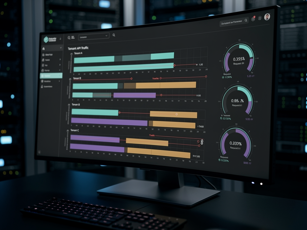 Dashboard visualization showing multi-tenant API traffic distribution with color-coded tenant usage bars, real-time request counters, and rate limit threshold indicators displayed on a modern dark-themed monitoring interface