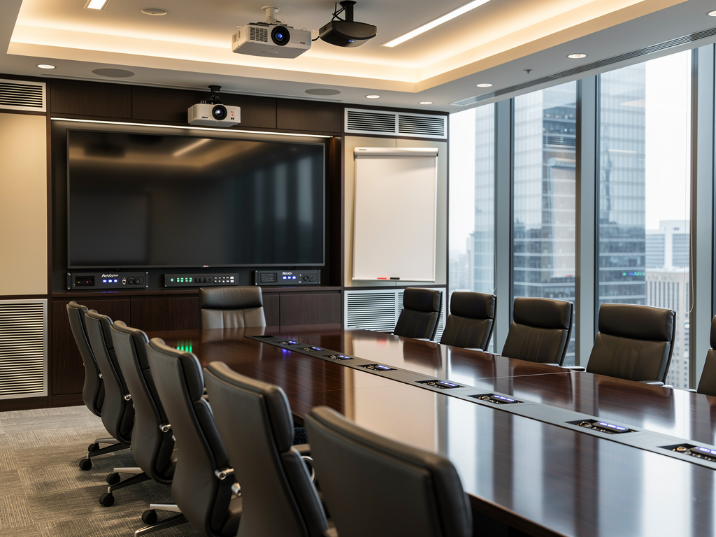 A completed hybrid AV installation in a state-of-the-art corporate boardroom featuring seamless integration of traditional presentation equipment with modern AVoIP distribution, executive seating arranged around a polished conference table, with city skyline visible through windows