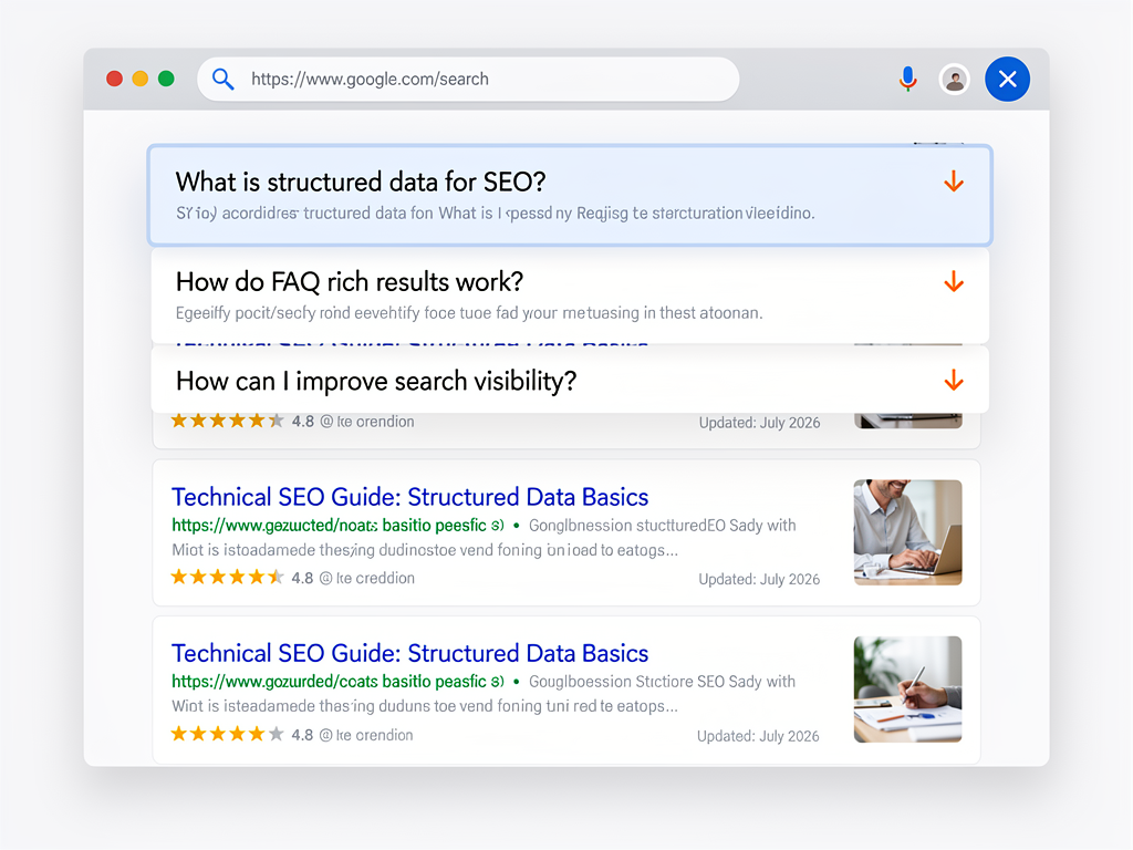 A Google search results page showing a featured snippet with FAQ accordion expanded, demonstrating how proper schema markup creates enhanced search listings. The browser window shows multiple rich results including star ratings, publication dates, and expandable question sections.