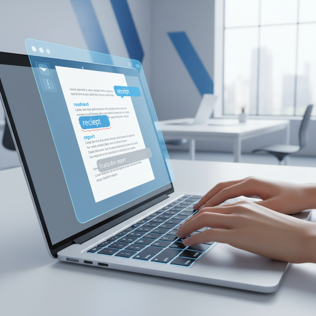 A person using a laptop with AutoCorrect PC interface overlayed, showing real-time grammar corrections and predictive text suggestions in a document.