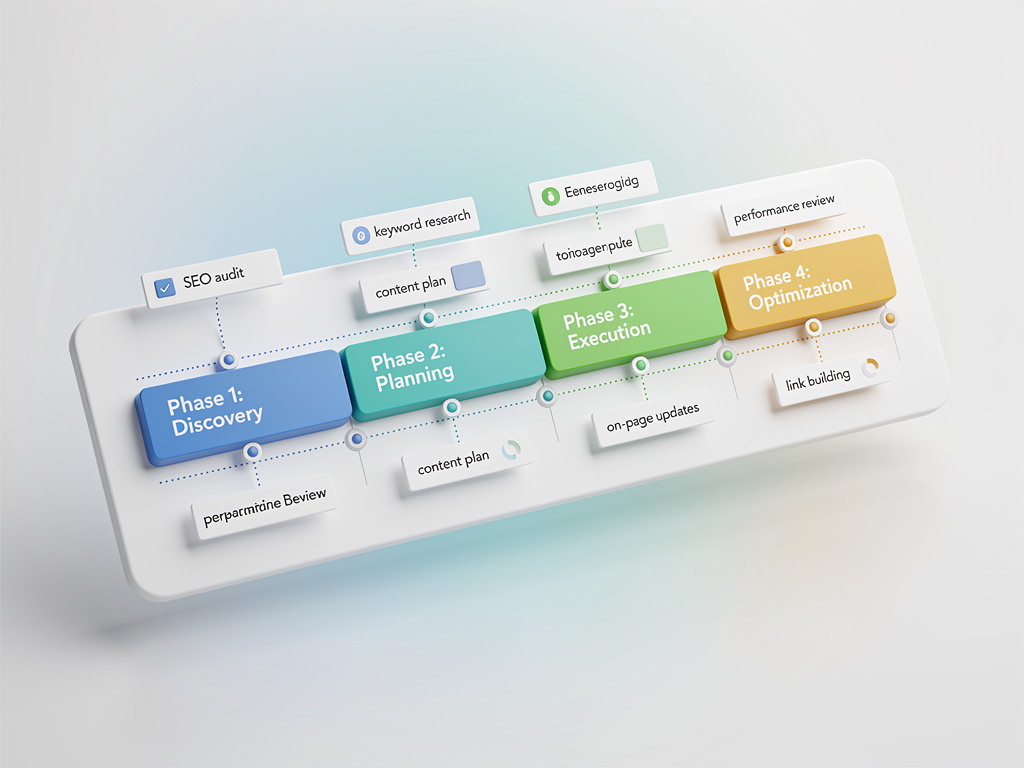 Project timeline visualization showing the four phases of GEO implementation, with milestone markers, task dependencies, and progress indicators, displayed in a Gantt chart style with color-coded phases from assessment through optimization