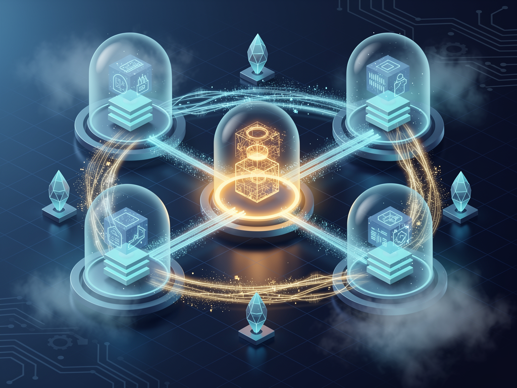 Futuristic illustration showing emerging tenant isolation technologies including confidential computing with encrypted enclaves, edge computing nodes with tenant workloads, and AI-driven resource allocation systems, rendered in a modern tech visualization style