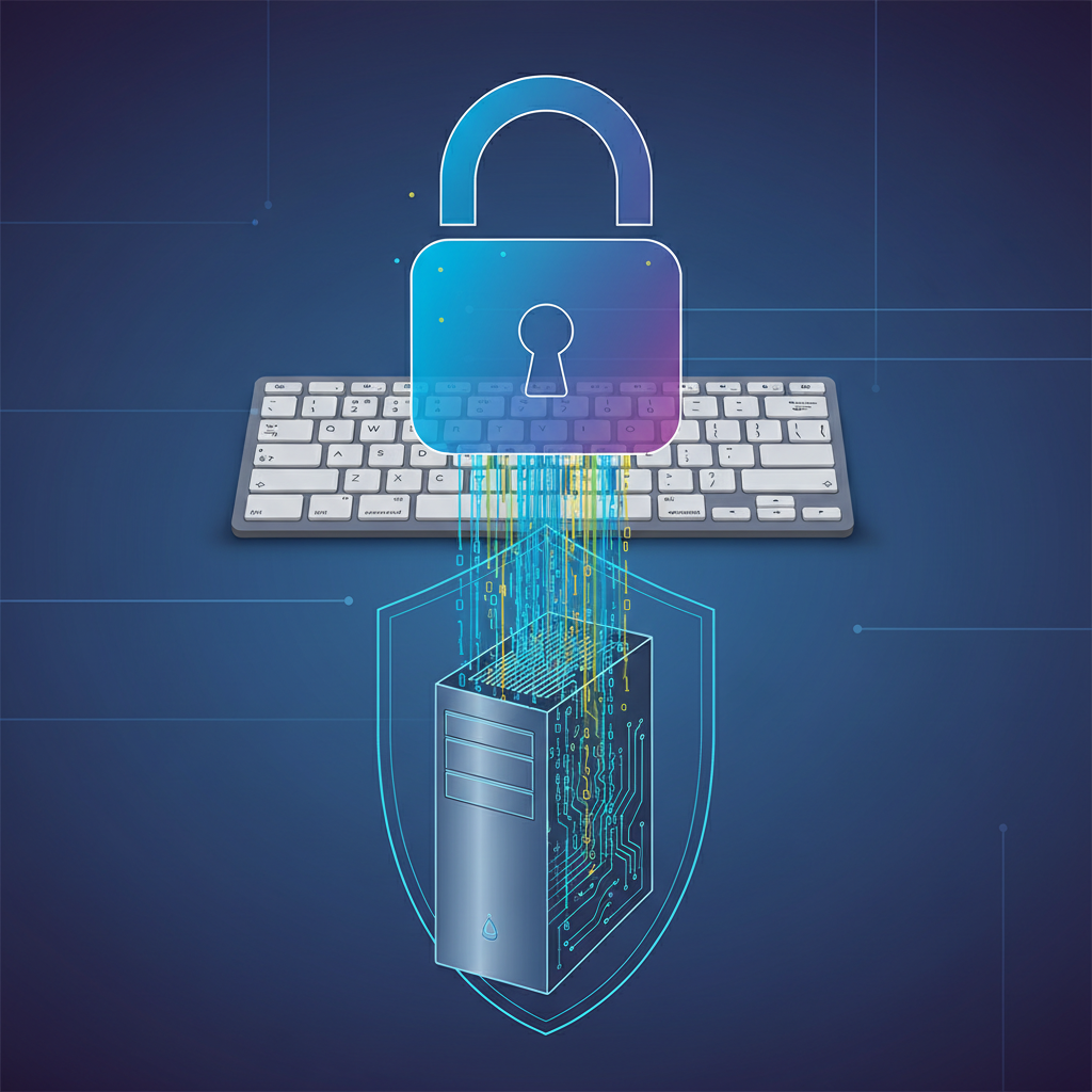 A padlock icon superimposed over a keyboard and text, with data flowing locally within a computer diagram, representing secure, on-device processing of writing data.
