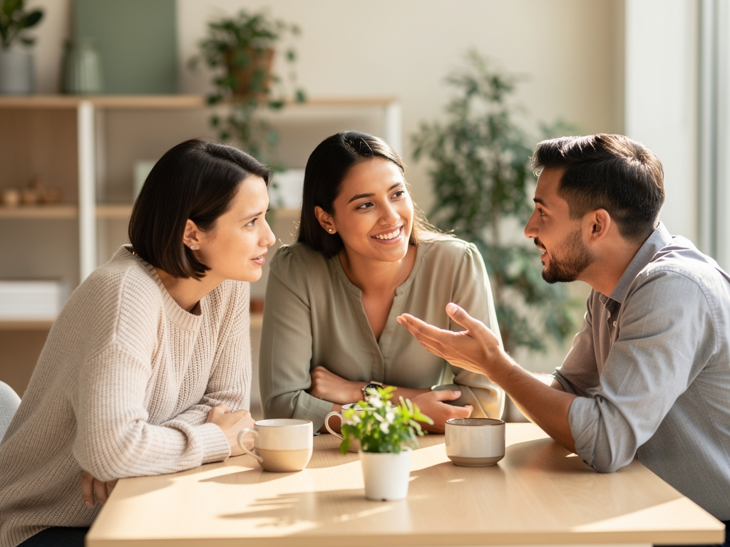 A group of colleagues having a supportive conversation around a table in a bright office break room, coffee cups in hand, genuine smiles and engaged body language, natural lighting from windows, depicting healthy workplace relationships and peer support