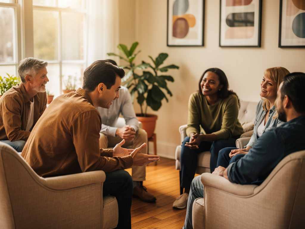 A group of diverse people sitting together in a supportive community setting, sharing conversation and connection, representing the importance of social support in mental health recovery