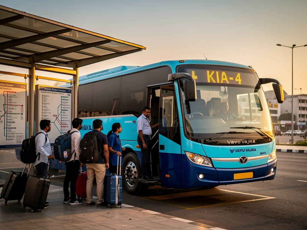 A modern BMTC Vayu Vajra Volvo bus with cyan-blue and dark-blue livery parked at a designated airport bus stop, featuring a bright LED destination display showing KIA route information, with passengers boarding through the front door under covered shelter during early morning hours