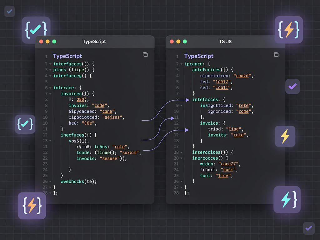 Split-screen view of a TypeScript playground interface showing code editor on the left with subscription billing type definitions and real-time type error highlighting, compiled JavaScript output on the right, clean modern UI with dark theme, professional development environment aesthetic