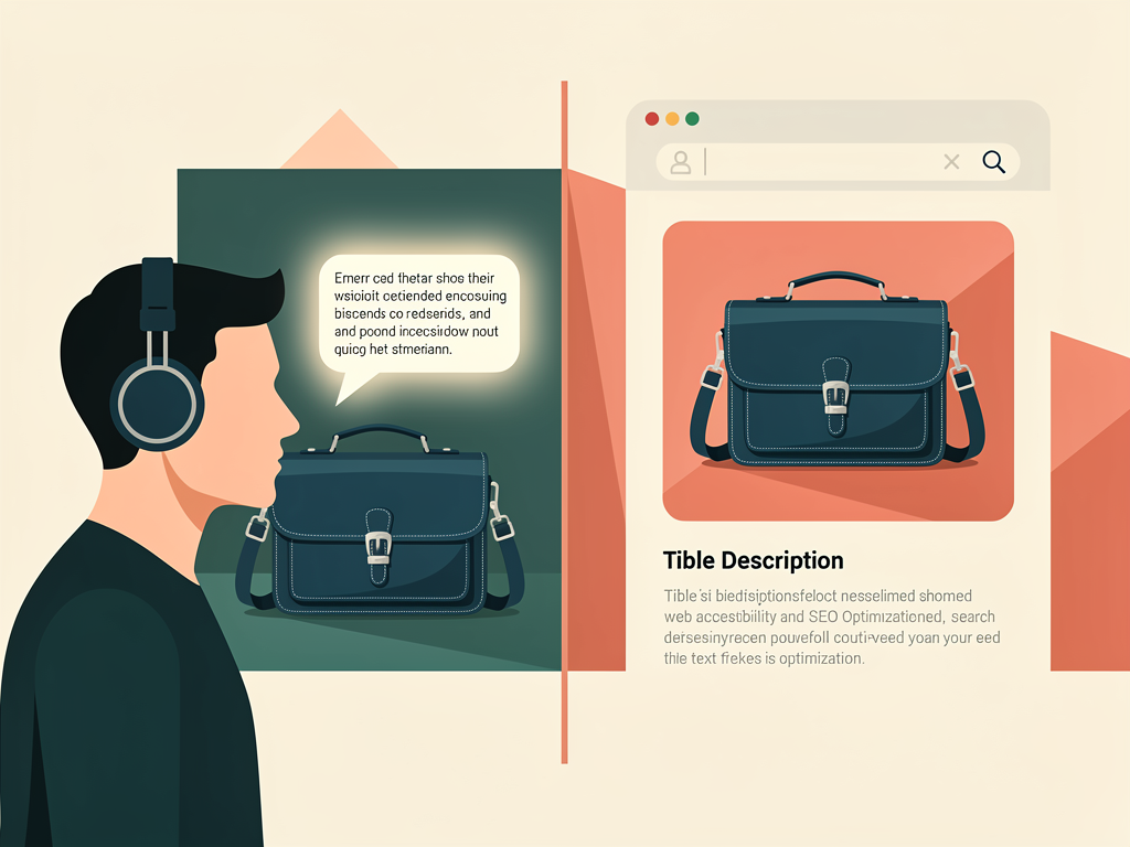 Split-screen visualization showing how a screen reader interprets an image with proper alt text on the left side, displaying the descriptive text in a speech bubble, while the right side shows the same image appearing in Google Image Search results with the alt text visible beneath it, demonstrating the dual accessibility and SEO benefits