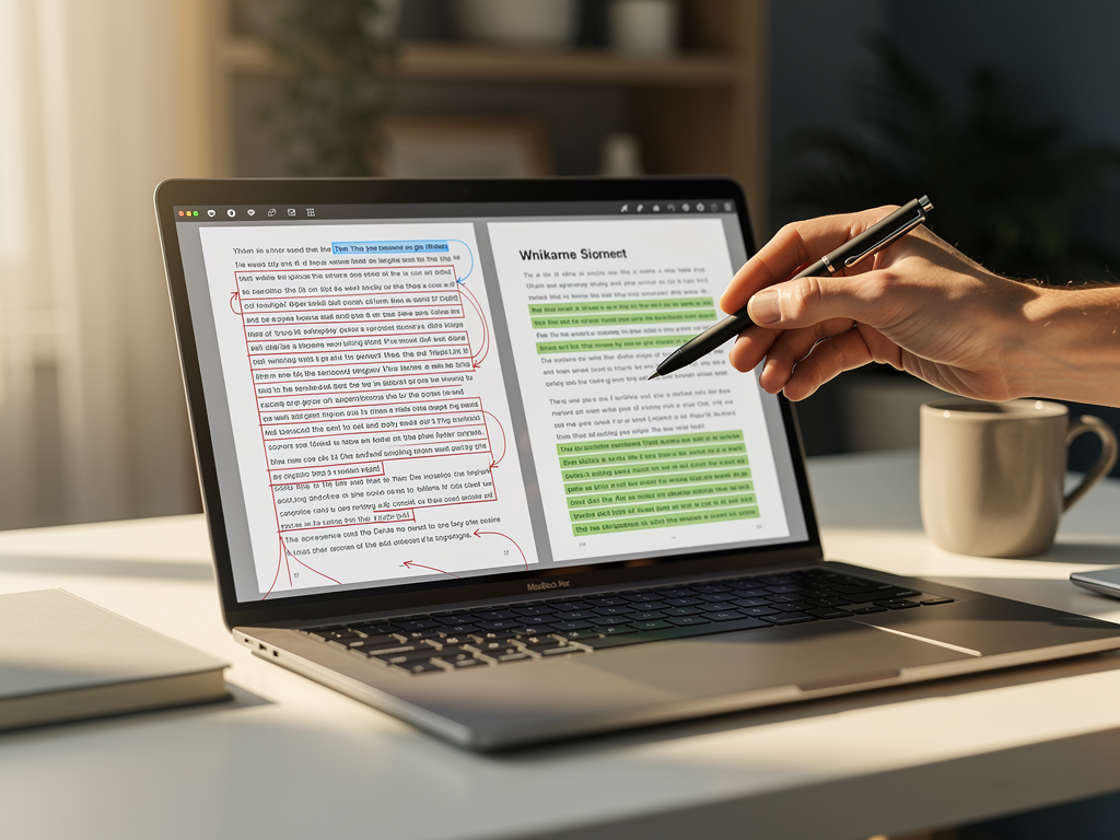 Side-by-side document comparison showing original AI-generated text on the left with editor's markup annotations, and the refined final version on the right with improvements highlighted including added statistics, corrected facts, enhanced examples, and strengthened conclusions