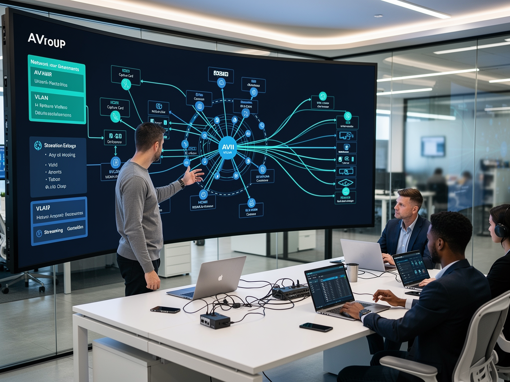 Futuristic network operations center with holographic displays showing next-generation AVoIP topology, team of professionals collaborating on system design, sleek modern architecture with glass walls and ambient blue lighting