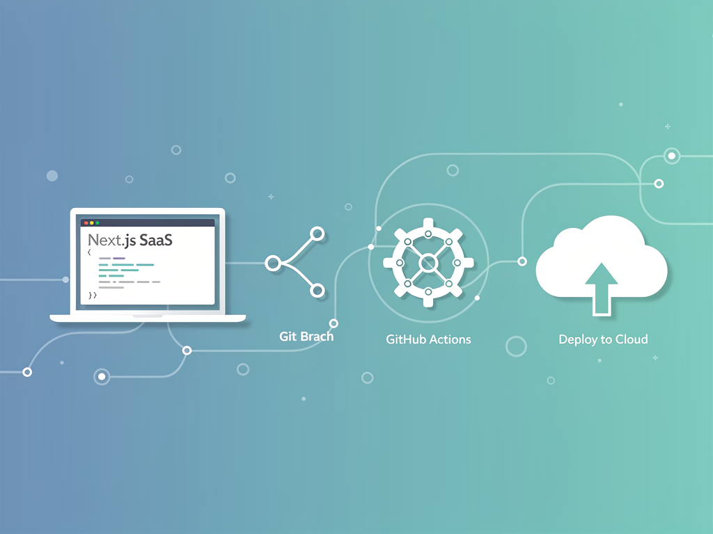 Developer workflow diagram showing the complete development lifecycle from local environment setup through testing, staging deployment, and production release, with icons representing each tool in the toolchain including VS Code, Git, GitHub Actions, and Vercel
