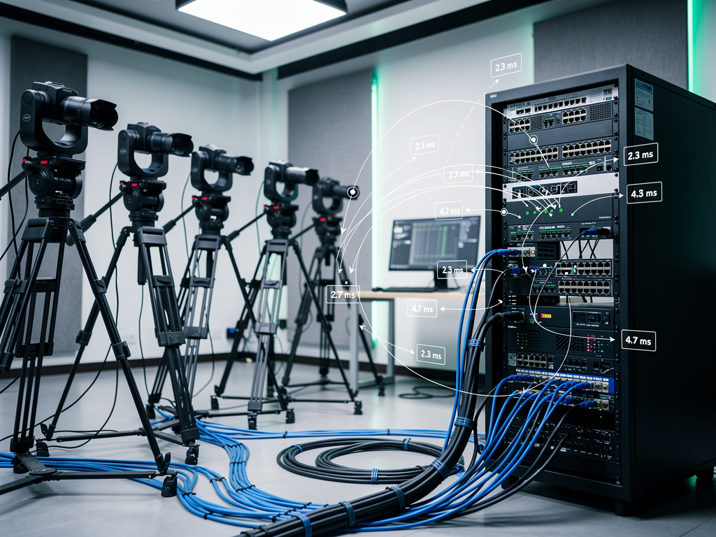 A broadcast studio setup with NDI-enabled cameras connected to a network switch, showing the signal flow path on an overlay diagram with timestamps indicating latency at each stage, bright studio lighting illuminating professional equipment