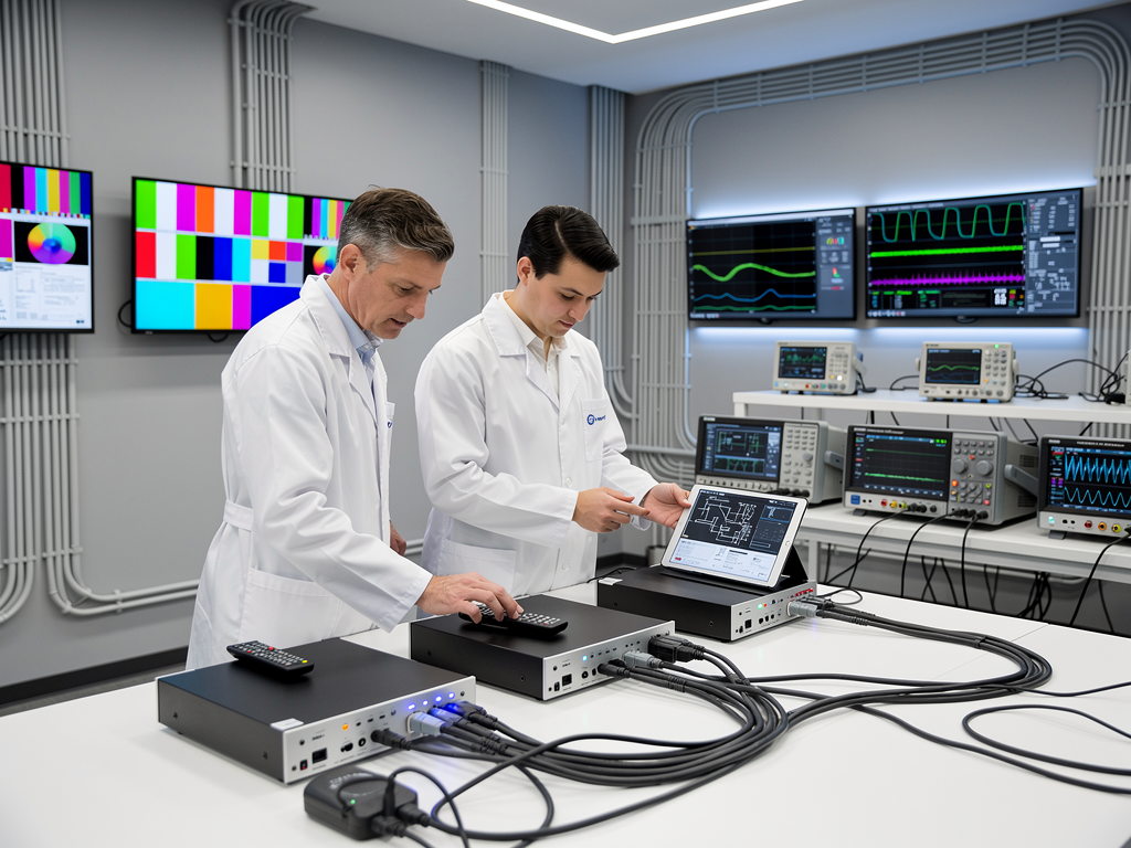 AV technicians in a laboratory environment testing AVoIP equipment configurations, with network analyzers displaying encrypted traffic verification, test patterns on monitors, and documentation being reviewed on tablets