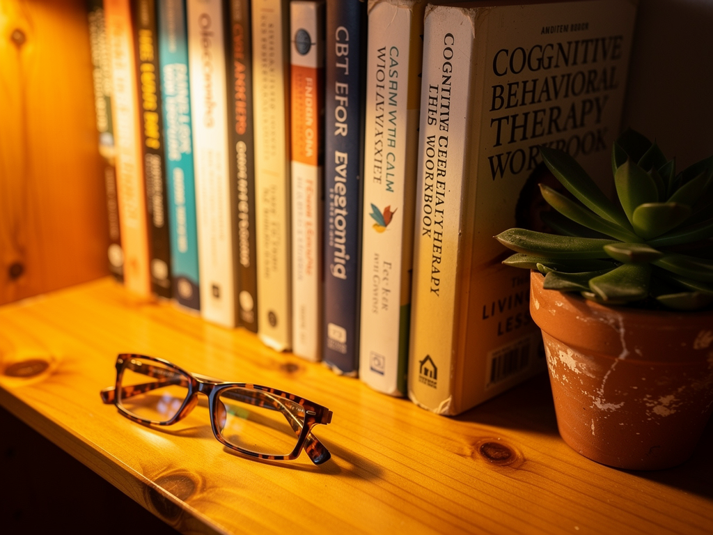 A collection of self-help books about anxiety and CBT arranged on a wooden shelf, spines visible, with a small potted succulent and reading glasses nearby, warm lamp light creating an inviting atmosphere