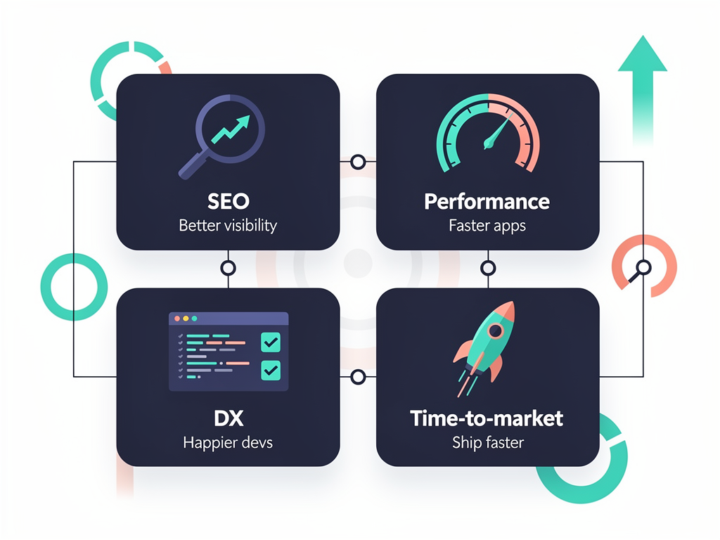 Summary infographic showing the key benefits of modern React frameworks for SaaS development, with icons representing SEO improvements, performance gains, developer experience, and faster time-to-market, styled as a clean visual summary with statistics and trend indicators