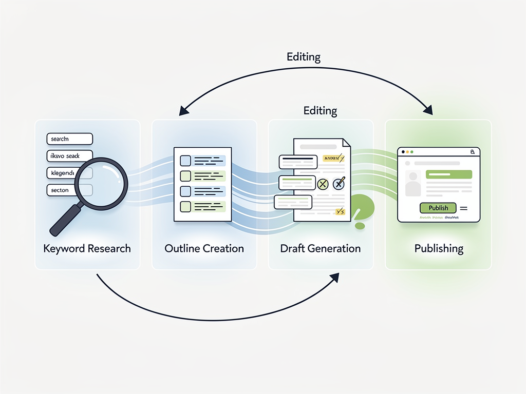 A workflow diagram showing the content production pipeline from keyword research through publication, with automated steps highlighted in blue and human-required steps highlighted in green. Arrows connect each stage, demonstrating the flow from research to outline to draft to edit to publish.