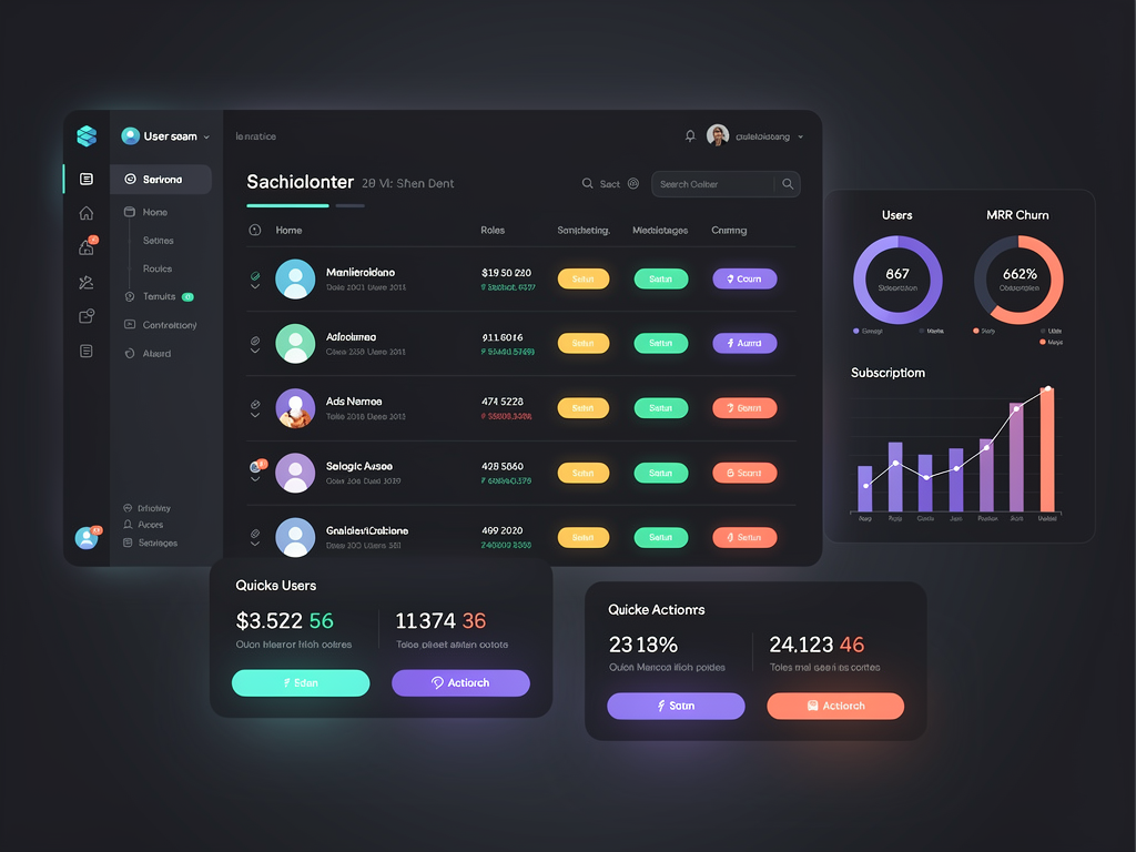 Admin dashboard interface mockup showing user management table, subscription metrics charts, and quick action buttons, modern dark theme design with data visualization elements, clean UI with sidebar navigation
