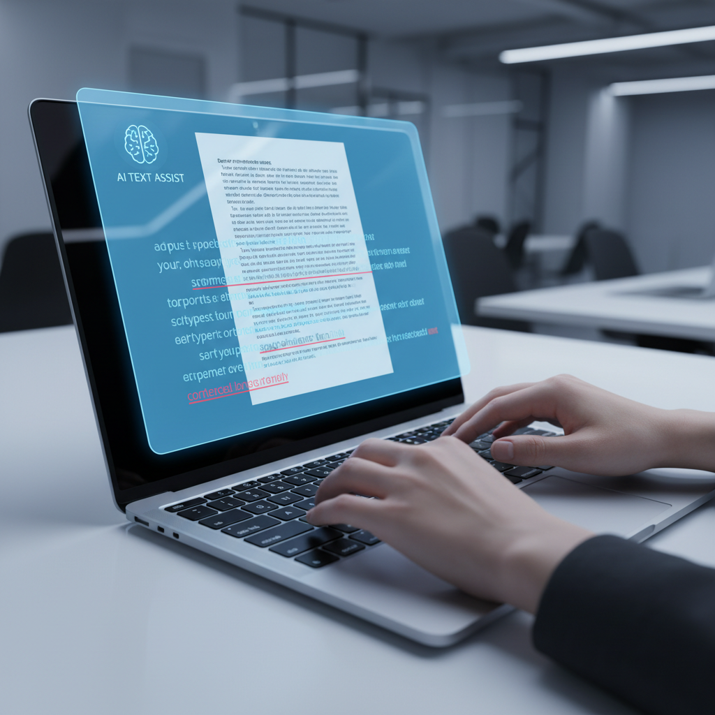 A close-up, high-angle shot of a person's hands typing on a sleek, modern laptop keyboard, with a glowing, translucent blue overlay on the screen displaying perfectly corrected text in real-time, suggesting advanced AI assistance. The lighting is soft and futuristic, highlighting the interaction between human and machine. The color palette is cool blues, grays, and whites, conveying a sense of innovation and precision. The mood is efficient and intelligent. This is a photorealistic editorial photograph suitable for a technology magazine.