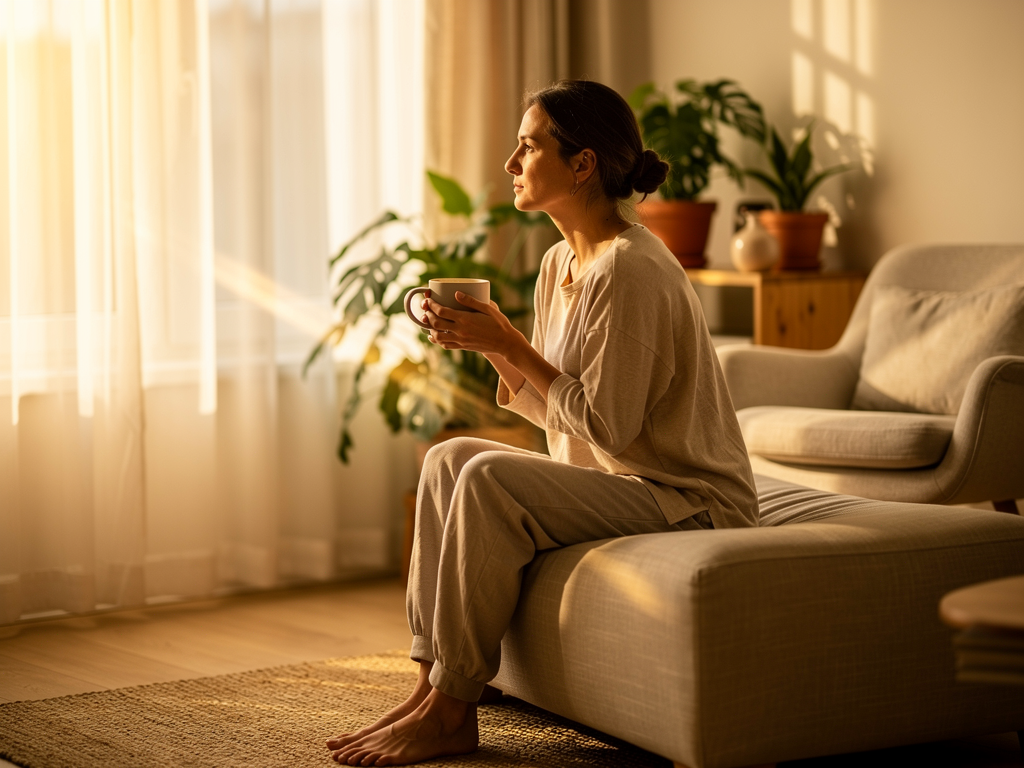 A person sitting peacefully by a window with soft morning light streaming in, holding a warm cup of tea, their expression thoughtful but calm, natural home environment with plants and comfortable furnishings suggesting a moment of mindful pause