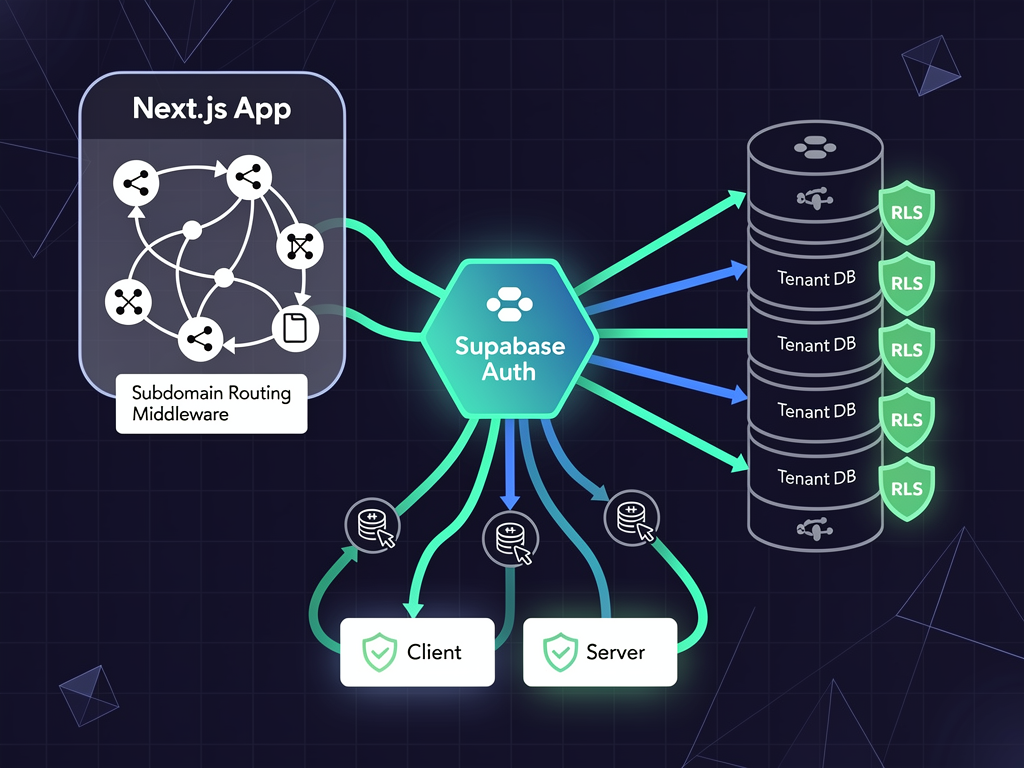 Architectural diagram showing the flow of authentication requests in a multi-tenant Next.js application, with Supabase Auth at the center connecting to subdomain routing middleware, tenant databases with RLS policies, and client/server components, rendered in a clean technical illustration style with blue and green accent colors