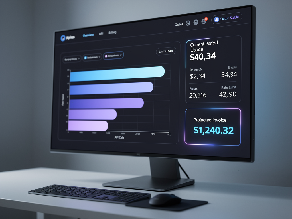 Dashboard interface showing usage metrics with bar charts displaying API calls over time, current billing period usage summary, and projected invoice amount, styled with modern data visualization elements and clear numerical indicators