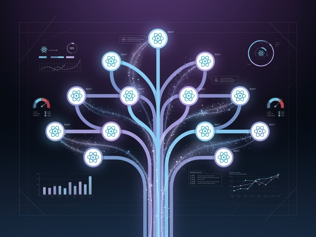 Futuristic visualization of React application performance, showing optimized render cycles and efficient data flow represented as flowing light streams through a component tree structure, abstract technical art style with blue and purple gradients suggesting speed and efficiency